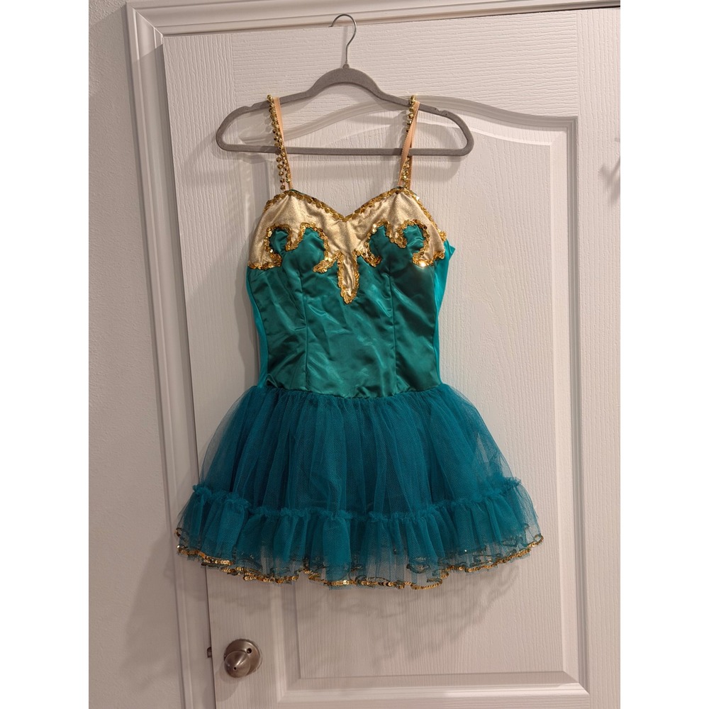 Curtain Call Costumes Vintage Teal Gold Sequin Tutu Dance Dress Made in USA